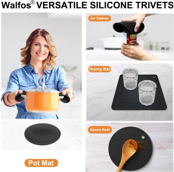 Walfos Silicone Trivet Mats - 4 Heat Resistant Pot Holders, Multipurpose Non-Slip Hot Pads for Kitchen Potholders, Hot Dishers, Jar Opener, Spoon Holder, Food Grade Silicone & BPA Free (Black) - Image 3