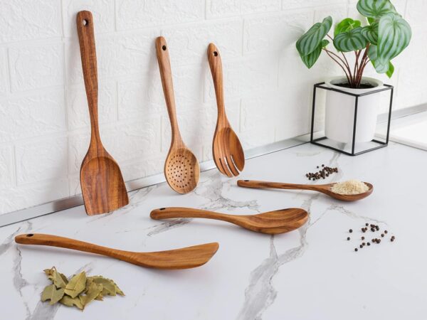 Zulay Kitchen 6-Piece Wooden Spoons for Cooking - Smooth Finish Teak Wooden Utensils for Cooking - Soft Comfort-Grip Wood Spoons for Cooking - Non-Stick Wooden Cooking Utensils - Wooden Spoon Sets - Image 8