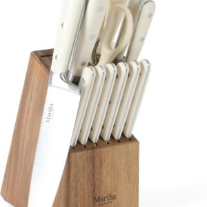 MARTHA STEWART Eastwalk 14 Piece High Carbon Stainless Steel Cutlery Kitchen Knife Block Set w/ABS Triple Riveted Forged Handle Acacia Wood Block – Linen White