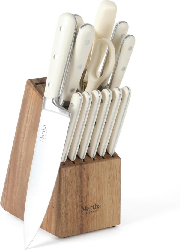 MARTHA STEWART Eastwalk 14 Piece High Carbon Stainless Steel Cutlery Kitchen Knife Block Set w/ABS Triple Riveted Forged Handle Acacia Wood Block - Linen White