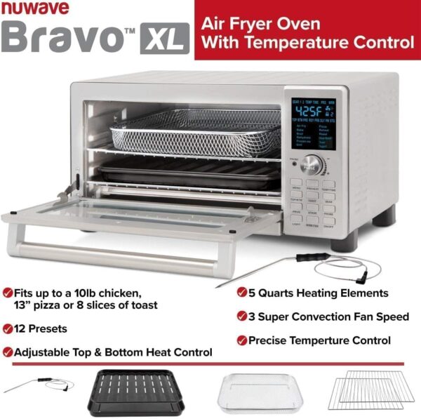 Nuwave Bravo Air Fryer Toaster Smart Oven, 12-in-1 Countertop Convection, 30-QT XL Capacity, 50°-500°F Temperature Controls, Top and Bottom Heater Adjustments 0%-100%, Brushed Stainless Steel Look - Image 6