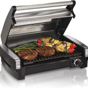 Hamilton Beach Electric Indoor Searing Grill with Viewing Window & Adjustable Temperature Control to 450F, 118 sq. in. Surface Serves 6, Removable Nonstick Grate, Stainless Steel