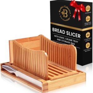 Bambüsi Bread Slicer for Homemade Bread – Bamboo Bread Cutter with Knife, Foldable Slicing Guide, Crumb Tray – Compact Bread Loaf Slicer for Cakes, Bagels, Loaves – Kitchen Gadget & Christmas Gifts