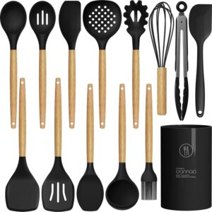 Silicone Cooking Utensils Set – 446°F Heat Resistant Silicone Kitchen Utensils for Cooking,Kitchen Utensil Spatula Set w Wooden Handles and Holder, BPA FREE Gadgets for Non-Stick Cookware (Black)