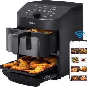 Midea Dual Basket Air Fryer Oven 11 Quart 8 in 1 Functions, Clear Window, Smart Sync Finish, Works with Alexa, Wi-Fi Connectivity, 50+ App Recipes for family meals, Bake, Roast, Grill, Broil, Toast