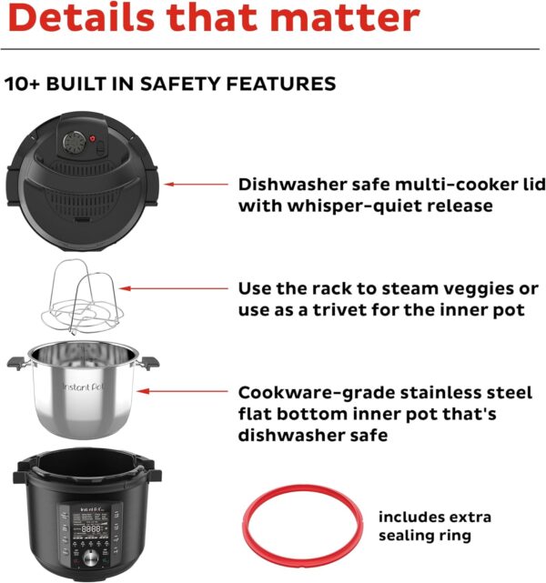 Instant Pot Pro 10-in-1 Pressure Cooker, Slow Cooker, Rice/Grain Cooker, Steamer, Sauté, Sous Vide, Yogurt Maker, Sterilizer, and Warmer, Includes App With Over 800 Recipes, Black, 6 Quart - Image 7