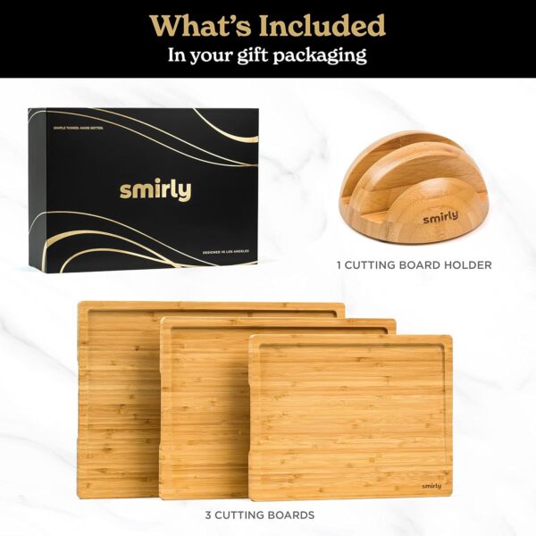 SMIRLY Wooden Cutting Boards For Kitchen - Bamboo Cutting Board Set with Holder, Wood Cutting Board Set, Cutting Board Wood, Wooden Chopping Board, Wooden Cutting Board Set - Image 2