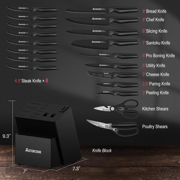 Knife Set, Astercook 21 Pieces Knife Sets for Kitchen with Block, Dishwasher Safe Kitchen Knife Set with Built-in Sharpener, German Stainless Steel Black Knife Block Set - Image 2