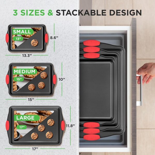 NutriChef 3-Piece Nonstick Kitchen Oven Baking Pans - Premium & Stylish Non-Stick Steel, Commercial Grade Restaurant Quality Metal Bakeware with Red Silicone Handles - Easy to Clean, NCSBS3S - Image 2