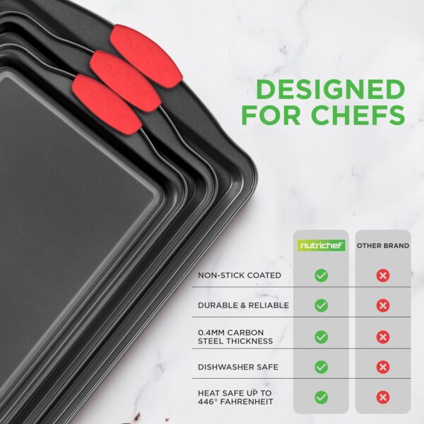 NutriChef 3-Piece Nonstick Kitchen Oven Baking Pans - Premium & Stylish Non-Stick Steel, Commercial Grade Restaurant Quality Metal Bakeware with Red Silicone Handles - Easy to Clean, NCSBS3S - Image 6