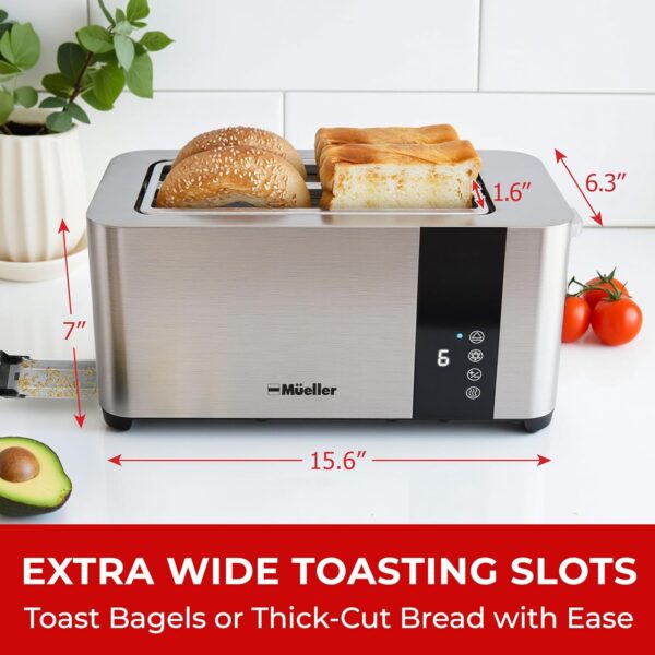 Mueller UltraToast Full Stainless Steel Toaster 4 Slice, Long Extra-Wide Slots with Removable Tray, Cancel/Defrost/Reheat Functions, 6 Browning Levels with LED Display, Kitchen Essentials & Gadgets - Image 2