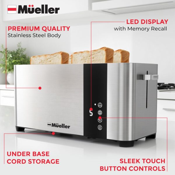 Mueller UltraToast Full Stainless Steel Toaster 4 Slice, Long Extra-Wide Slots with Removable Tray, Cancel/Defrost/Reheat Functions, 6 Browning Levels with LED Display, Kitchen Essentials & Gadgets - Image 5