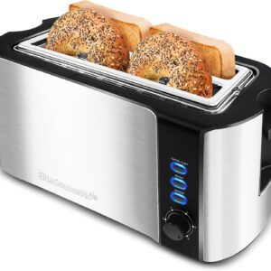 Elite Gourmet ECT-3100 Long Slot 4 Slice Toaster, Reheat, 6 Toast Settings, Defrost, Cancel Functions, Built-in Warming Rack, Extra Wide Slots for Bagels & Waffles, Stainless Steel & Black