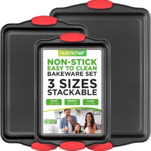 NutriChef 3-Piece Nonstick Kitchen Oven Baking Pans – Premium & Stylish Non-Stick Steel, Commercial Grade Restaurant Quality Metal Bakeware with Red Silicone Handles – Easy to Clean, NCSBS3S