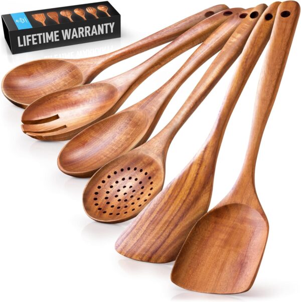 Zulay Kitchen 6-Piece Wooden Spoons for Cooking - Smooth Finish Teak Wooden Utensils for Cooking - Soft Comfort-Grip Wood Spoons for Cooking - Non-Stick Wooden Cooking Utensils - Wooden Spoon Sets