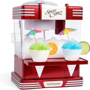 Nostalgia Snow Cone Shaved Ice Machine – Retro Table-Top Slushie Machine Makes 20 Icy Treats – Includes 2 Reusable Plastic Cups & Ice Scoop – Retro Red