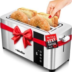 Mueller UltraToast Full Stainless Steel Toaster 4 Slice, Long Extra-Wide Slots with Removable Tray, Cancel/Defrost/Reheat Functions, 6 Browning Levels with LED Display, Kitchen Essentials & Gadgets