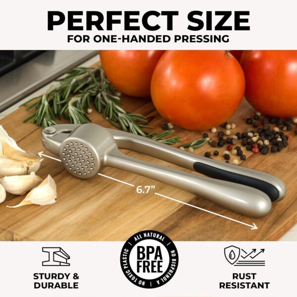 Zulay Kitchen Premium Garlic Press Set - Rust Proof & Dishwasher Safe Professional Garlic Mincer Tool - Easy-Squeeze, Easy-Clean with Soft, Ergonomic Handle - Silicone Garlic Peeler & Brush (Silver) - Image 2