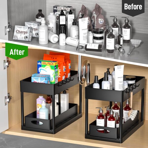 PUILUO Under Sliding Cabinet Basket Organizer, 2 Tier Under Sink Organizers Black Under Sink Storage for Bathroom Kitchen - Image 2