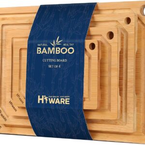 Hiware 4-Piece Extra Large Bamboo Cutting Boards Set for Kitchen, Heavy Duty Cutting Board with Juice Groove, Bamboo Chopping Board Set for Meat, Vegetables – Pre Oiled