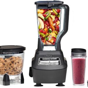 Ninja BL770 Mega Kitchen System, 1500W, 4 Functions for Smoothies, Processing, Dough, Drinks & More, with 72 Blender Pitcher, 64 Processor Bowl, (2) 16-oz. to-Go, Black, with 2 Nutri Cups + Lids