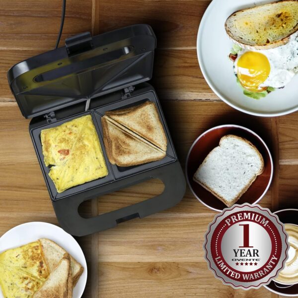 OVENTE Electric Sandwich Maker with Non-Stick Plates, Indicator Lights, Cool Touch Handle, Easy to Clean and Store, Perfect for Cooking Breakfast, Grilled Cheese, Tuna Melts and Snacks, Black GPS401B - Image 8