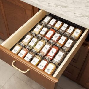 SpaceAid Spice Drawer Organizer with 24 Spice Jars, 378 White Minimalist Spice Labels, 4 Tier Seasoning Rack Tray Insert for Kitchen Drawers, 11.25″ Wide x 17.5″ Deep