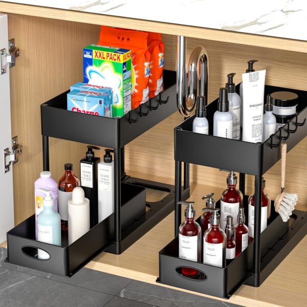 PUILUO Under Sliding Cabinet Basket Organizer, 2 Tier Under Sink Organizers Black Under Sink Storage for Bathroom Kitchen - Image 4