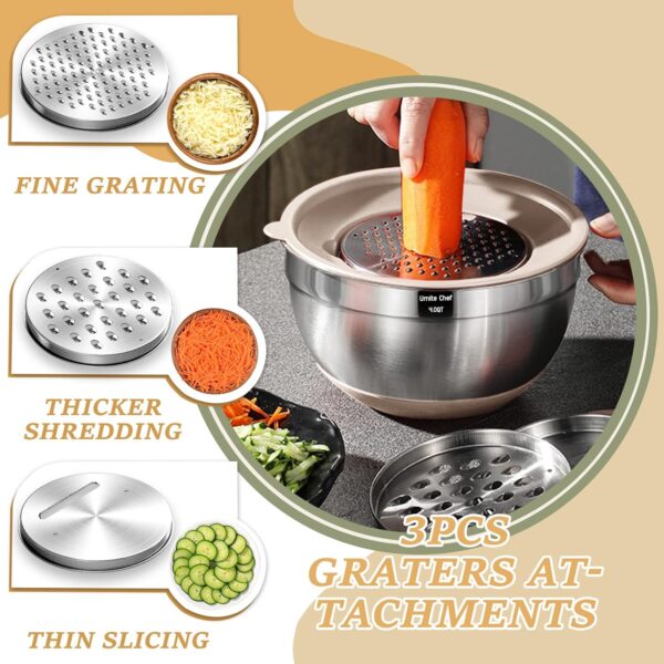 Mixing Bowls with Airtight Lids Set, 26PCS Stainless Steel Khaki Bowls with Grater Attachments, Non-Slip Bottoms & Kitchen Gadgets Set, Size 7, 4, 2.5, 2.0,1.5, 1QT, Great for Mixing & Serving - Image 3