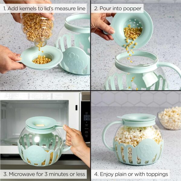 Ecolution Patented Micro-Pop Microwave Popcorn Popper with Temperature Safe Glass, 3-in-1 Lid Measures Kernels and Melts Butter, Made Without BPA, Dishwasher Safe, 3-Quart, Aqua - Image 3