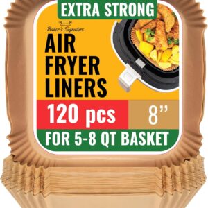 Air Fryer Paper Liners, 120Pcs Air Fryer Disposable Liners, Non-Stick and Oil Proof for Easy Cleanup, 8” Square for 5-8 qt Basket by Baker’s Signature