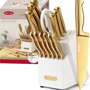 McCook® Knife Sets, Golden Titanium Stainless Steel Kitchen Knife Block Sets with Built-in Sharpener