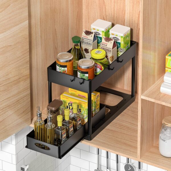 PUILUO Under Sliding Cabinet Basket Organizer, 2 Tier Under Sink Organizers Black Under Sink Storage for Bathroom Kitchen - Image 7