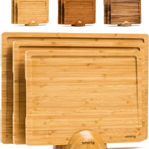 SMIRLY Wooden Cutting Boards For Kitchen – Bamboo Cutting Board Set with Holder, Wood Cutting Board Set, Cutting Board Wood, Wooden Chopping Board, Wooden Cutting Board Set