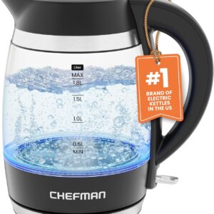 Chefman Electric Kettle, 1.8L 1500W, Hot Water Boiler, Removable Lid for Easy Cleaning, Auto Shut Off, Boil-Dry Protection, Stainless Steel Filter, BPA Free, Borosilicate Glass Electric Tea Kettle