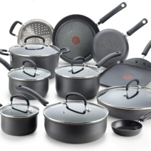 T-fal Ultimate Hard Anodized Nonstick Cookware Set 17 Piece, Oven Broiler Safe 400F, Lid Safe 350F, Kitchen Cooking Set w/ Fry Pans, Saucepans, Saute Pan, Griddle, Pots and Pans, Dishwasher Safe Black