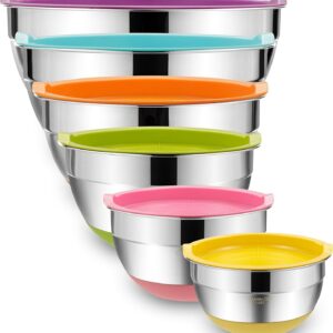 Umite Chef Mixing Bowls with Airtight Lids, 6 Piece Stainless Steel Metal Bowls, Measurement Marks & Colorful Non-Slip Bottoms Size 7, 3.5, 2.5, 2.0,1.5, 1QT, Great for Mixing & Serving