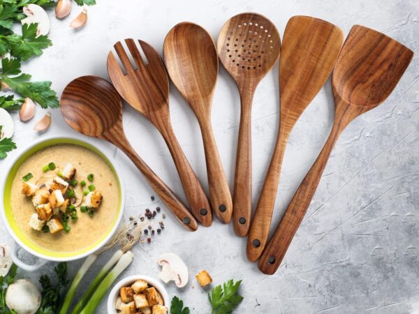 Zulay Kitchen 6-Piece Wooden Spoons for Cooking - Smooth Finish Teak Wooden Utensils for Cooking - Soft Comfort-Grip Wood Spoons for Cooking - Non-Stick Wooden Cooking Utensils - Wooden Spoon Sets - Image 5