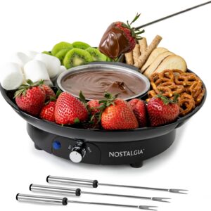 Nostalgia 10 Oz Electric Fondue Pot Set for Cheese & Chocolate – 4 Dipping Forks, 3-Section Food Tray – Kitchen Gadgets and Appliances for H’ors Deouvres, Entrees, Desserts – Black