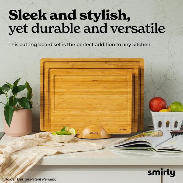 SMIRLY Wooden Cutting Boards For Kitchen - Bamboo Cutting Board Set with Holder, Wood Cutting Board Set, Cutting Board Wood, Wooden Chopping Board, Wooden Cutting Board Set - Image 5