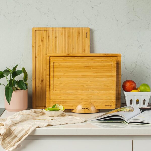 SMIRLY Wooden Cutting Boards For Kitchen - Bamboo Cutting Board Set with Holder, Wood Cutting Board Set, Cutting Board Wood, Wooden Chopping Board, Wooden Cutting Board Set - Image 9