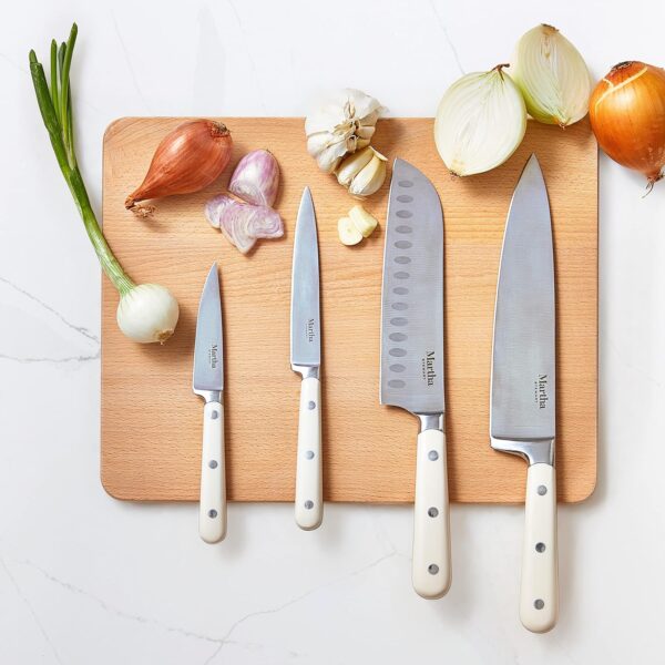 MARTHA STEWART Eastwalk 14 Piece High Carbon Stainless Steel Cutlery Kitchen Knife Block Set w/ABS Triple Riveted Forged Handle Acacia Wood Block - Linen White - Image 2